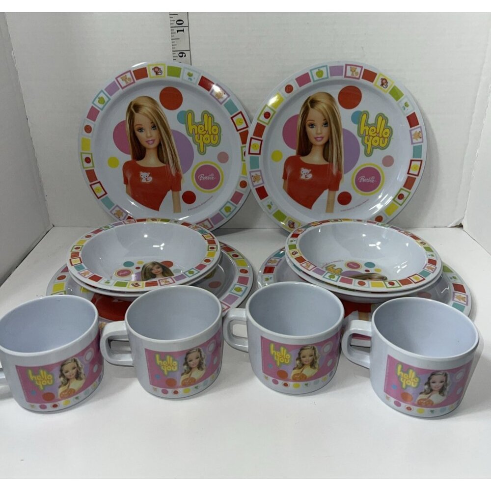 Barbie (hello you) Set 12 Plastic Cups Plates Bowls Vintage Trudeau 2005 Mattel